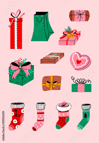 Vector set of Christmas gifts and socks with Christmas decorations, different holiday wrapping isolated on the background. Hand drawn holiday elements