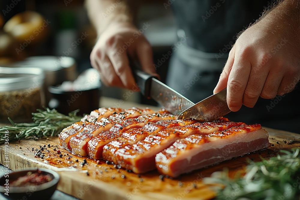 A man is cutting meat on a cutting board
