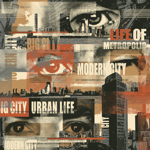 Abstract seamless pattern with newspaper headlines, concerned human eyes, urban landscapes. Chaotic vector background on the theme of city life in retro style. Wallpaper, wrapping paper, fabric design