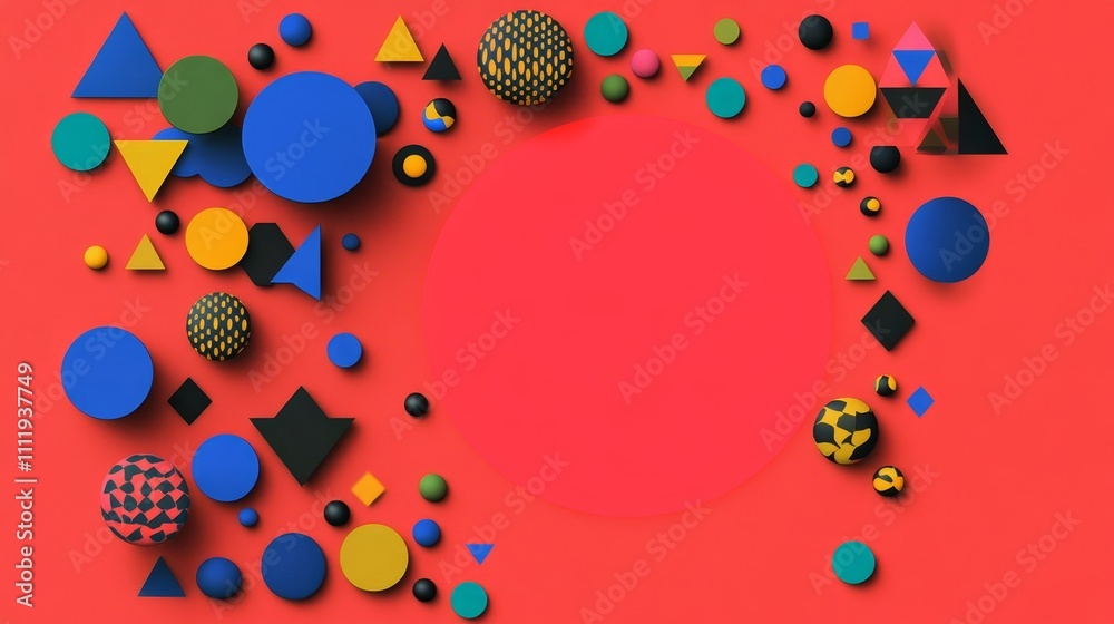 Colorful geometric shapes in vibrant arrangement on bold red background creating a modern abstract design element