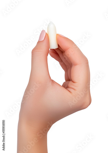 Hand holding small suppository or medical candle isolated on white or transparent background, png clipart, design element