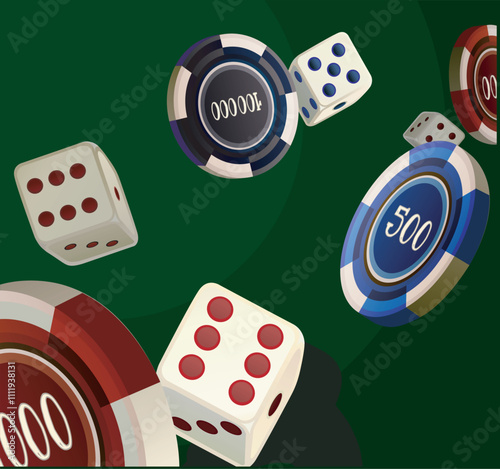 close up rolling different types dice and poker tokens game icon gambling poker cubes casino win dices isolated on green felt background