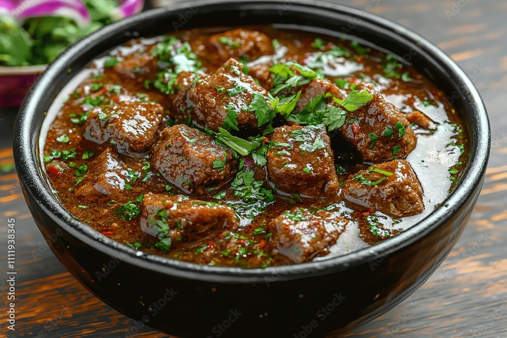 A bowl of meat and vegetables with parsley on top A bowl of meat and vegetables with parsley on top