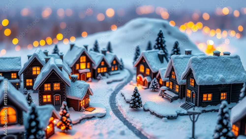 Naklejka premium Enchanting Winter Village Scene: Perfect for Holiday Decorations, Christmas Gifts, or Cozy Home Decor