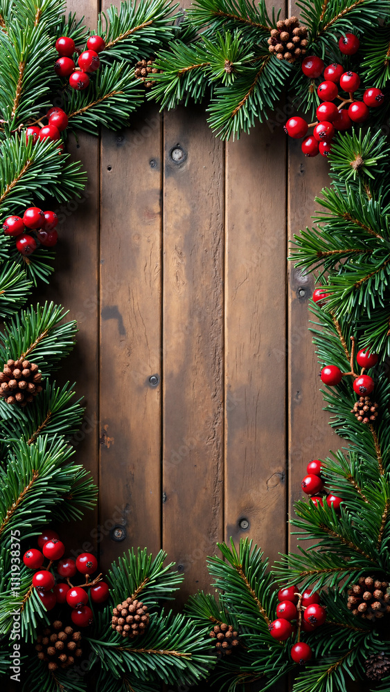 Festive Pine and Berry Border on Rustic Wood: Perfect for Holiday Marketing, Greetings Cards, and Seasonal Promotions Festive Pine and Berry Border on Rustic Wood: Perfect for Holiday Marketing, Greetings Cards, and Seasonal Promotions