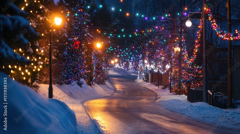 A scenic road illuminated with thousands of colorful Christmas lights, winding through a quiet neighborhood, with snow gently falling and street lamps glowing A scenic road illuminated with thousands of colorful Christmas lights, winding through a quiet neighborhood, with snow gently falling and street lamps glowing