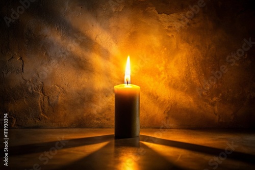 Bright candle flame glowing in a darkened space, creating a serene, calm ambiance in a dimly lit room