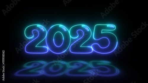 Glowing blue neon glittering 2025 text on dark festive background, Christmas and new year celebration.