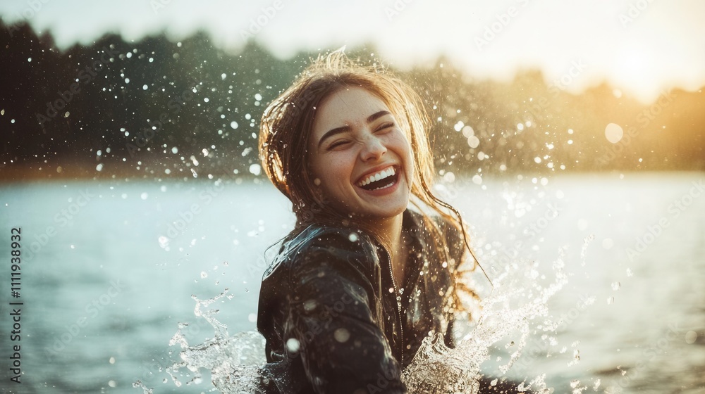 Fototapeta premium A candid photo of a woman splashing water at a lake