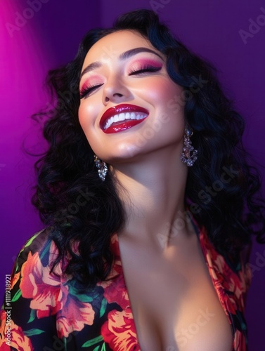 Artistic headshot of a woman with vivid makeup and vibrant curls, her radiant smile captivating against a stunning purple background