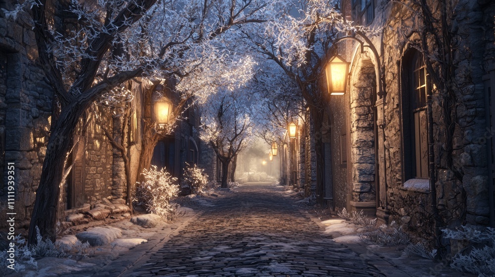 Enchanting Winter Night in Historic Alley with Frosted Trees and Lantern Light | Ultra-Detailed Photorealistic Scene Evoking Nostalgia Enchanting Winter Night in Historic Alley with Frosted Trees and Lantern Light | Ultra-Detailed Photorealistic Scene Evoking Nostalgia