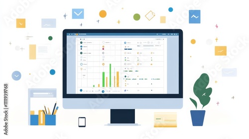 Freelance project management tools on a computer screen, charts, and task timelines