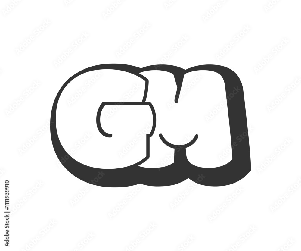 GM logo, bubble comic lettering, rounded in graffiti style black and white silhouette. Trendy preschool G and M letter text for festival party, personal initials, children funky print and web. GM logo, bubble comic lettering, rounded in graffiti style black and white silhouette. Trendy preschool G and M letter text for festival party, personal initials, children funky print and web.