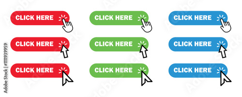 Click here button with arrow pointer and hand icon button. Click here vector button. click here action of arrow and hand pointer. Click here, UI button vector illustration on white background.