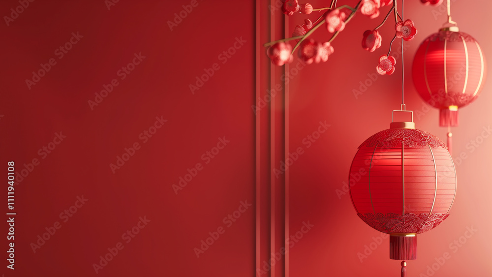 Chinese lanterns hanging against red wall with blooming plum blossom branch Chinese lanterns hanging against red wall with blooming plum blossom branch