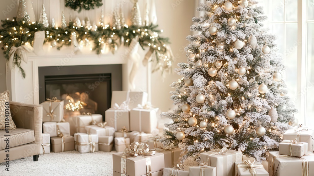 A simple yet elegant Christmas tree with white lights and pearl garlands, accompanied by gifts wrapped in neutral tones A simple yet elegant Christmas tree with white lights and pearl garlands, accompanied by gifts wrapped in neutral tones
