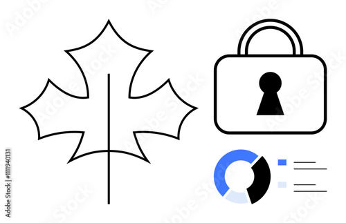 Black outlined maple leaf, padlock icon symbolizing security, and partial pie chart in blue and black. Ideal for themes thumbs up cybersecurity, data protection, Canada, logos, branding, data