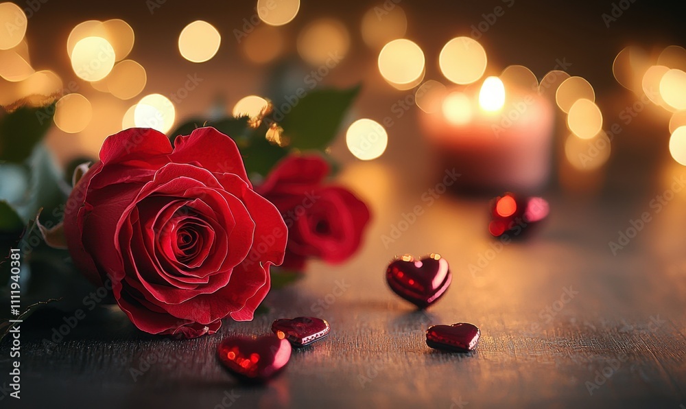 Romantic rose with hearts and candles cozy setting Romantic rose with hearts and candles cozy setting