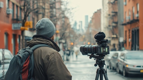 Freelance videographer filming an urban scene, high-quality camera, and tripod