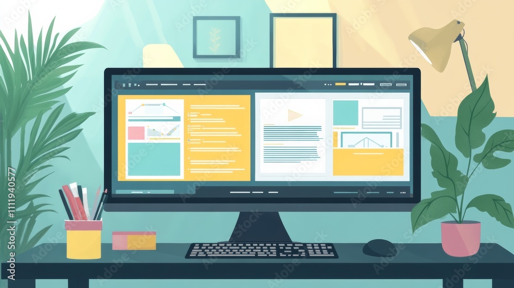 Freelance web desktop, with dual monitors displaying web templates and coding Freelance web desktop, with dual monitors displaying web templates and coding