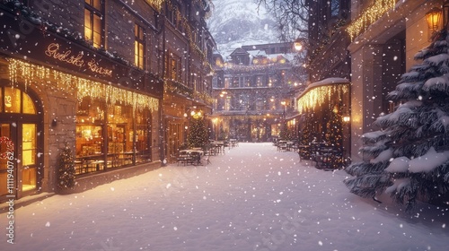 Enchanting Winter Evening on Vintage Street with Holiday Lights and Cozy Cafes Radiating Warmth  Ultra-Detailed Photorealistic Scene
