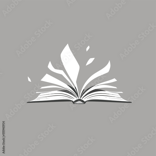 an open book with leaves on a gray background