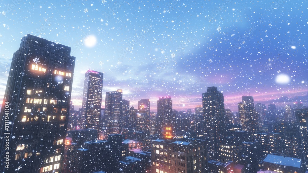 Captivating Winter Evening in the City - Ultra-Detailed Urban Skyline with Vibrant Lights and Snowflakes Falling at Dusk