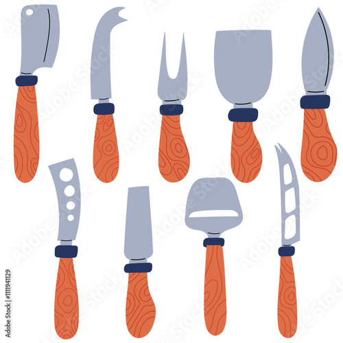 Set of cheese knives with various blade shapes, perfect for slicing and serving cheese. Сhisel. Сheese fork. Spreader. Parm knife. Cheese plane.