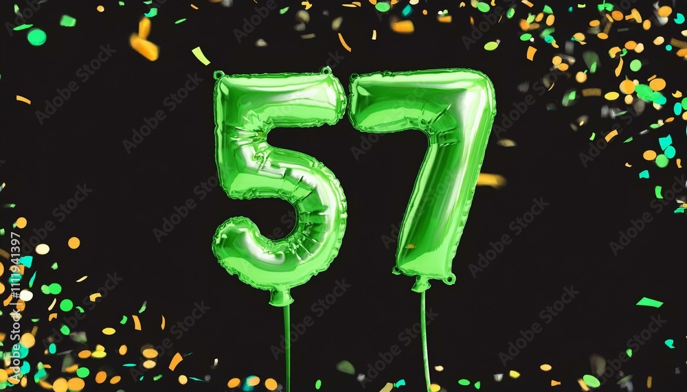 Green birthday / anniversary balloon, number 57, black background with confetti