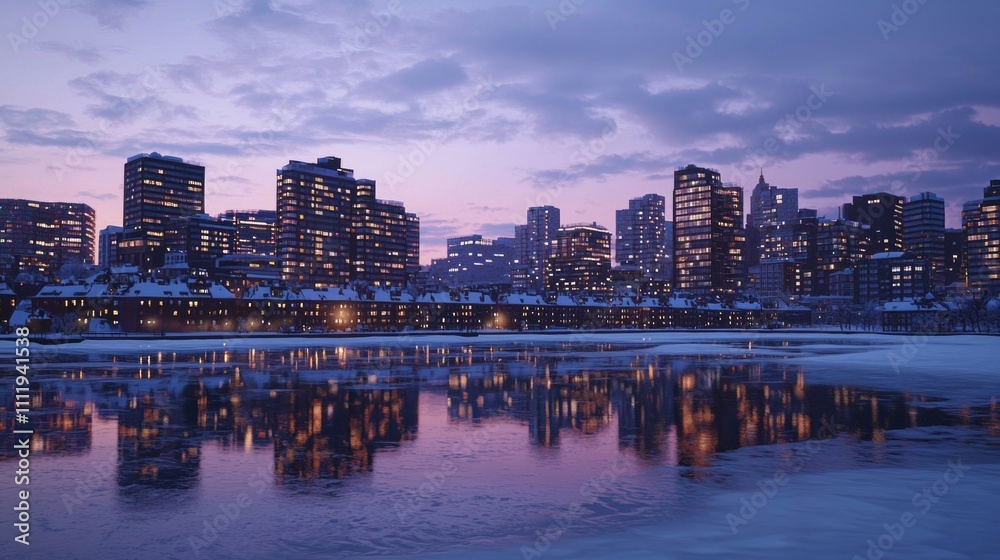 Fototapeta premium Tranquil Winter Evening in the City - Ultra-Detailed Photorealistic Scene of Illuminated Buildings and Snow-Covered Rooftops with River Reflections