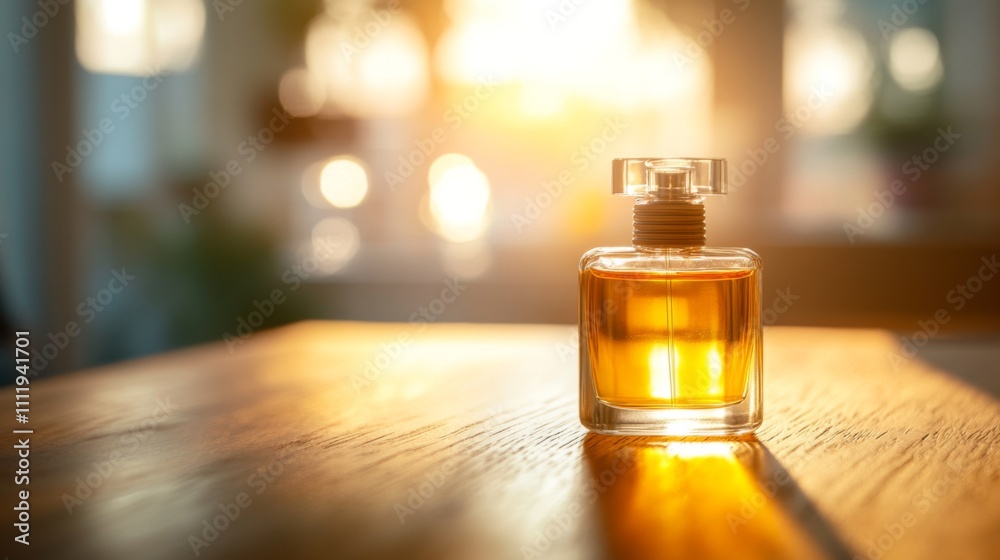 Elegant Glass Perfume Bottle on Wooden Table in Soft Sunset Light Elegant Glass Perfume Bottle on Wooden Table in Soft Sunset Light