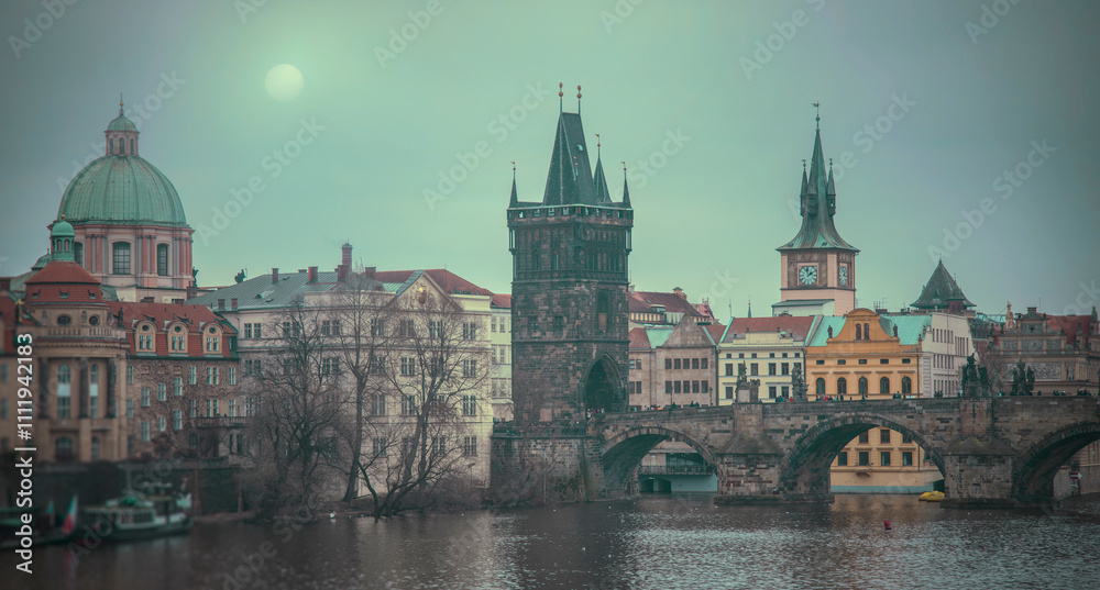 Charles Bridge over the Vltava River in mystical Prague in foggy weather. Charles Bridge over the Vltava River in mystical Prague in foggy weather.