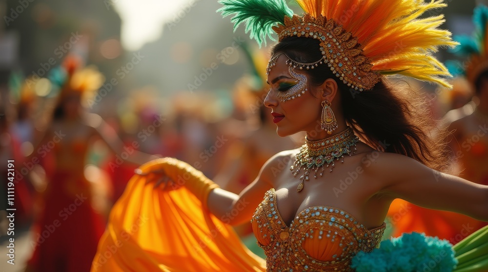 Carnival dancer in vibrant costume with feathers and jewels performing in a parade. Festive celebration outdoors Carnival dancer in vibrant costume with feathers and jewels performing in a parade. Festive celebration outdoors