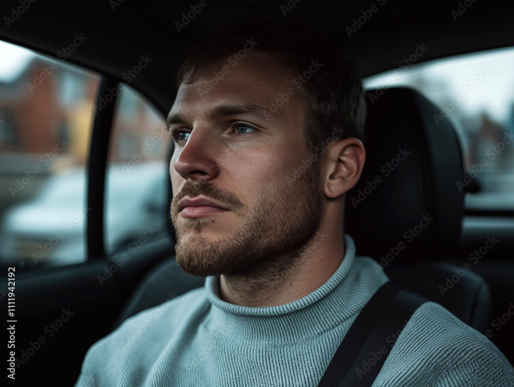 Confident Young Businessman in Car, Focused on Driving, Modern Commuting Lifestyle
Confident Young Businessman in Car, Focused on Driving, Modern Commuting Lifestyle