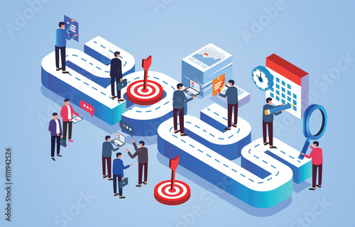 New Team Business Paths and Goals, Teamwork to Achieve Goals, 2025 Business Forecasts and Business Opportunities, Isometrics A Group of Businessmen Active on Digital 2025