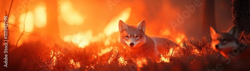 Wildlife fleeing forest fire, wildfires, showing catastrophic environmental consequences