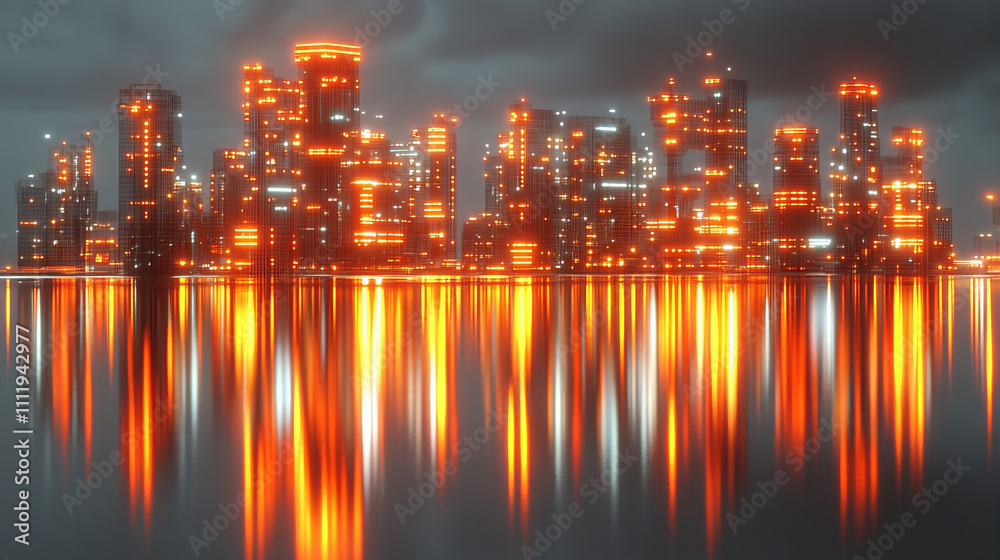 Fototapeta premium Futuristic cityscape showcasing advanced architecture and glowing lights reflecting on water. vibrant colors create mesmerizing atmosphere