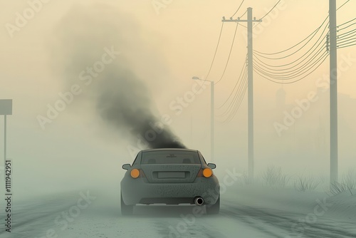 Car exhaust under smoggy sky, urban pollution, representing transportations environmental impact