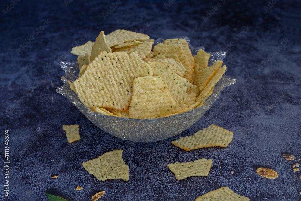 Crispy wavy potato chips or crisps bowl isolated on dark background. Party food. Salty snack