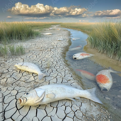 Dead fish in driedup riverbed, water scarcity, symbolizing pollution and resource depletion