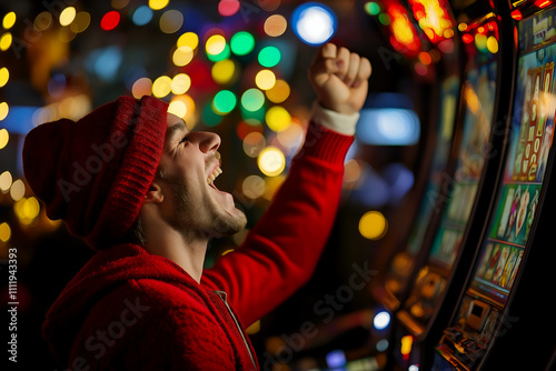 Man wins the big win slot lottery bonus casino machine on Christmas day.
 photo