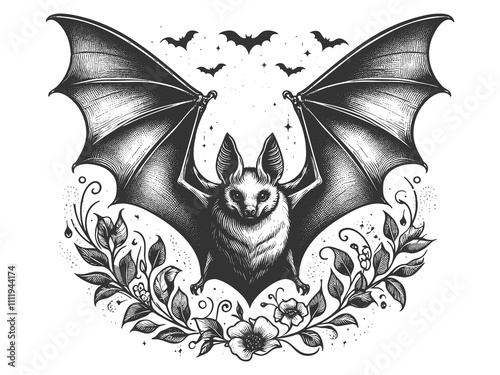 bat with outstretched wings, surrounded by smaller bats and intricate floral elements, gothic style sketch engraving generative ai raster illustration. Scratch board imitation. Black and white image. photo