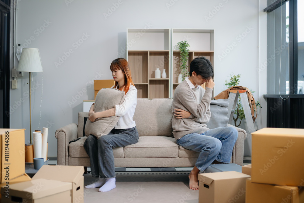 Young couple preparing for a move, packing boxes and a suitcase in a cozy living room. Young couple preparing for a move, packing boxes and a suitcase in a cozy living room.