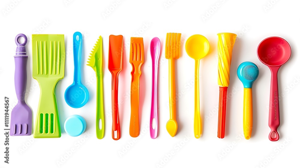 A set of colorful silicone baking tools, arranged in various positions on a pristine white background. A set of colorful silicone baking tools, arranged in various positions on a pristine white background.