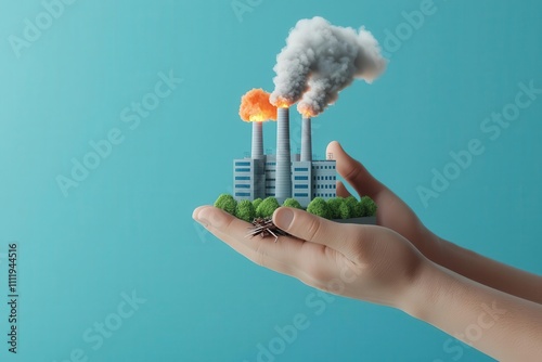 Hands holding smoking factory, human responsibility, visualizing industrial damage