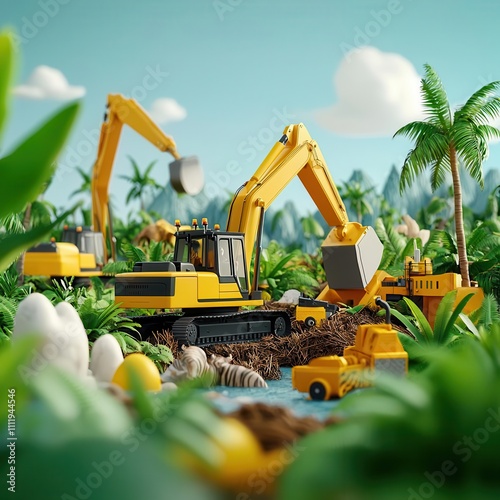 Industrial machinery near wildlife, deforestation, visualizing habitat destruction