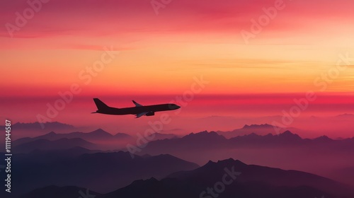 A shadow of a jet contrasts against a fiery red sunset sky, silhouetted mountains below, striking wideframe view photo