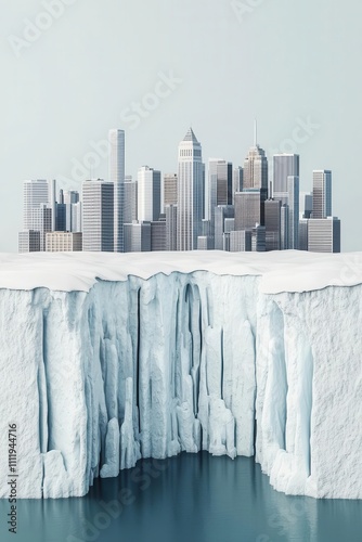 Melting glacier with a corporate skyline backdrop, climate change, visualizing industrial growths environmental effects
