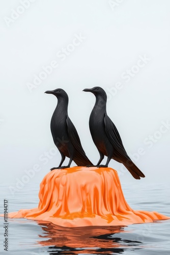 Oil spill with seabirds, marine pollution, showcasing environmental disasters