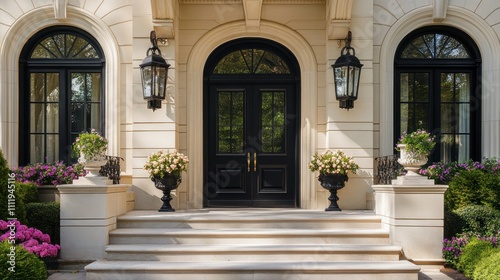 Elegant home entrance with black double doors, stone steps, and landscaping.